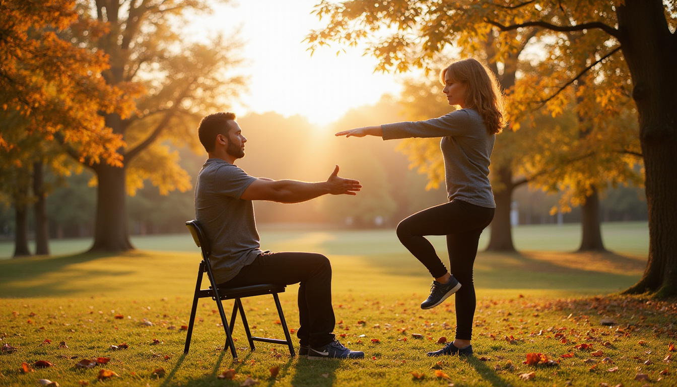  Senior man doing chair yoga outdoors with instructor, autumn park, soft golden morning light