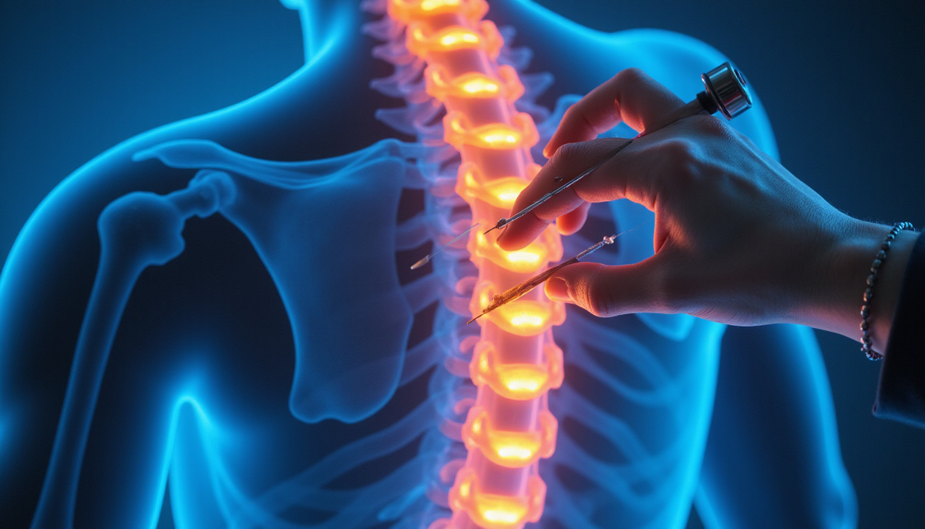  Informational infographic style: spine close-up, needle targeting facet joint, stopwatch symbolizing faster pain relief