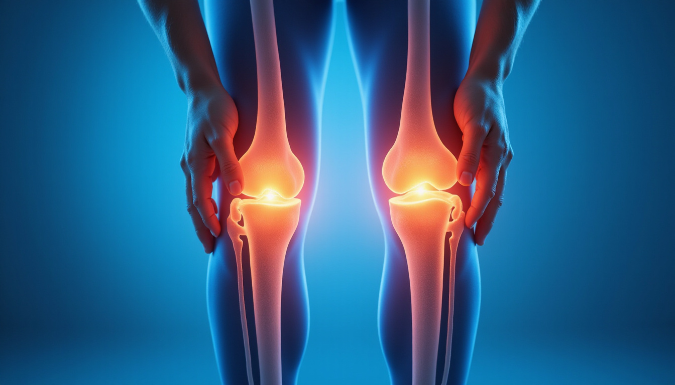  Close-up of knees with transparent anatomy overlay, hands supporting joint, calm blue background