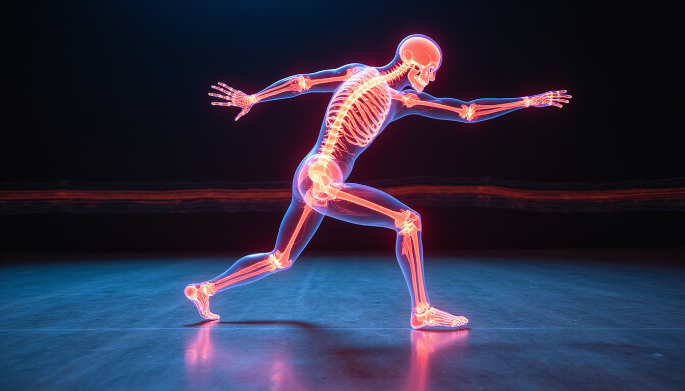  High-speed camera freeze-frame, anatomical skeletal overlay, footstrike, joint angles, vibrant track
