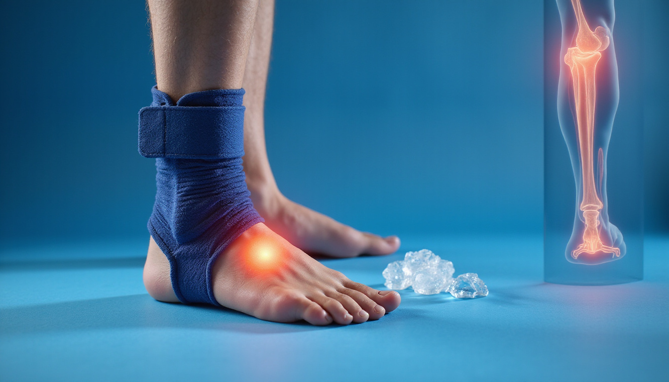  Close-up ankle with compression wrap and ice pack, soothing blue tones, anatomical tendon overlay