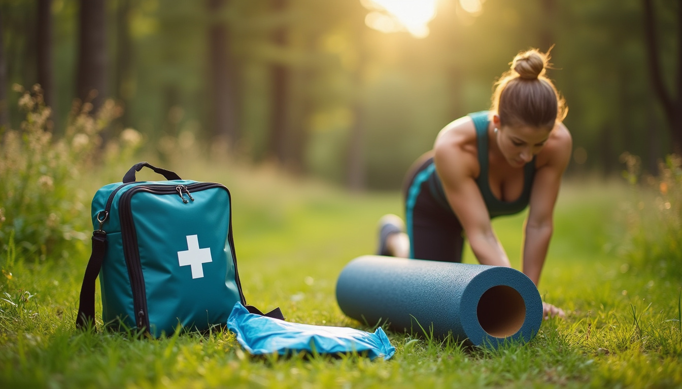  Mobile first-aid kit, heat pack, foam roller on grassy trail, colleague demonstrating joint-friendly lifting technique