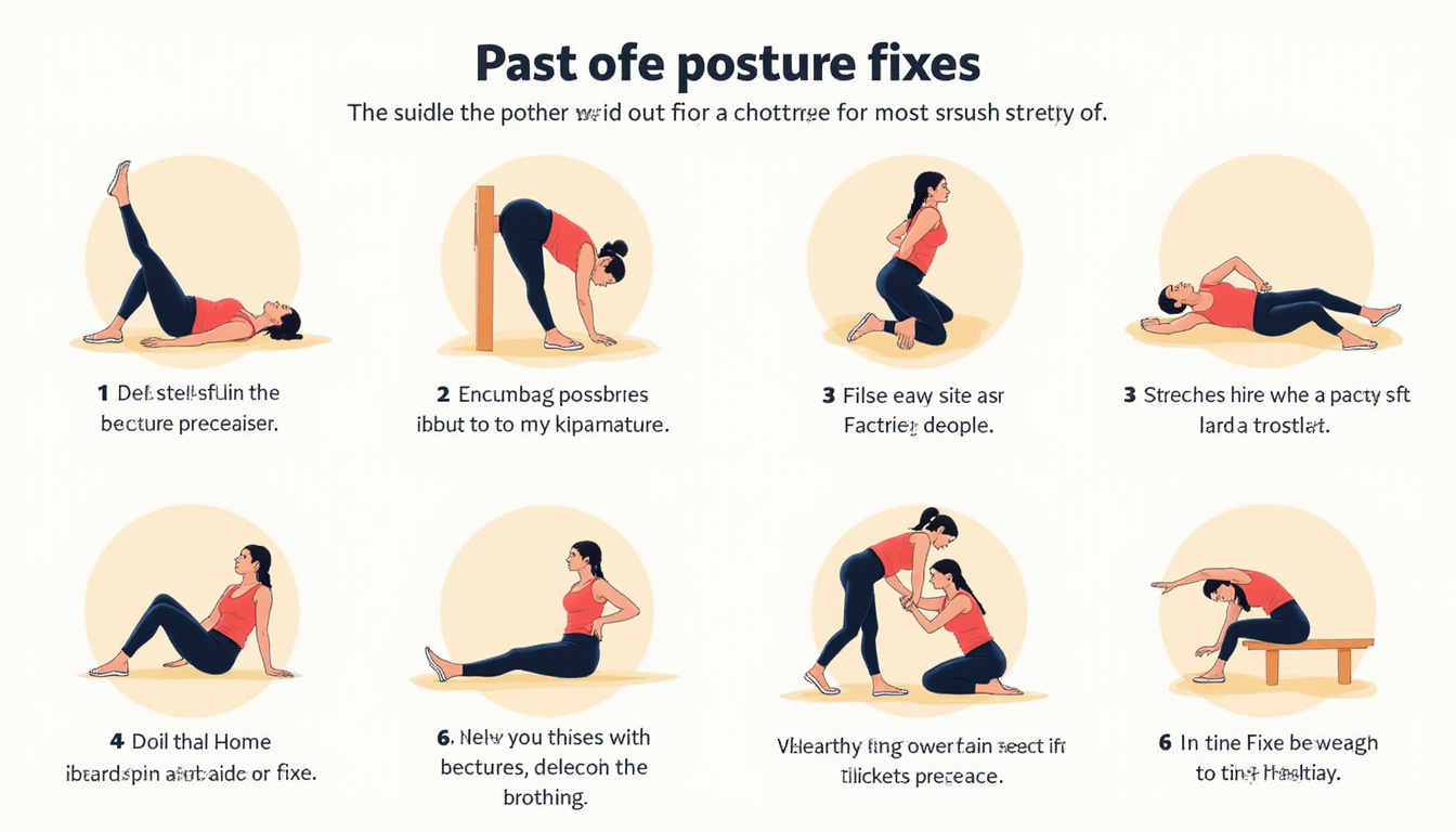  Illustration of eight quick posture fixes and stretches, step-by-step icons, bold colors, clear labels