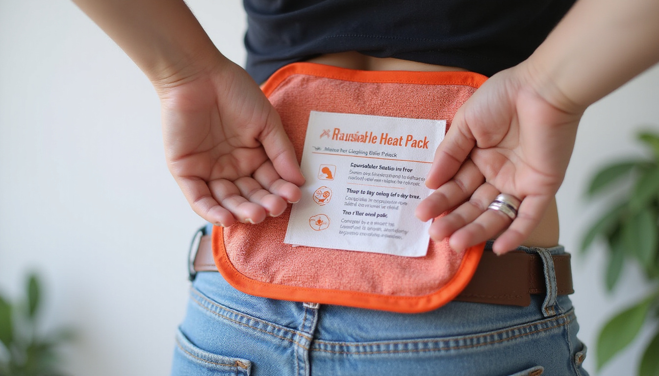  close-up of hands applying reusable heat pack to lower back, medical device instructions visible