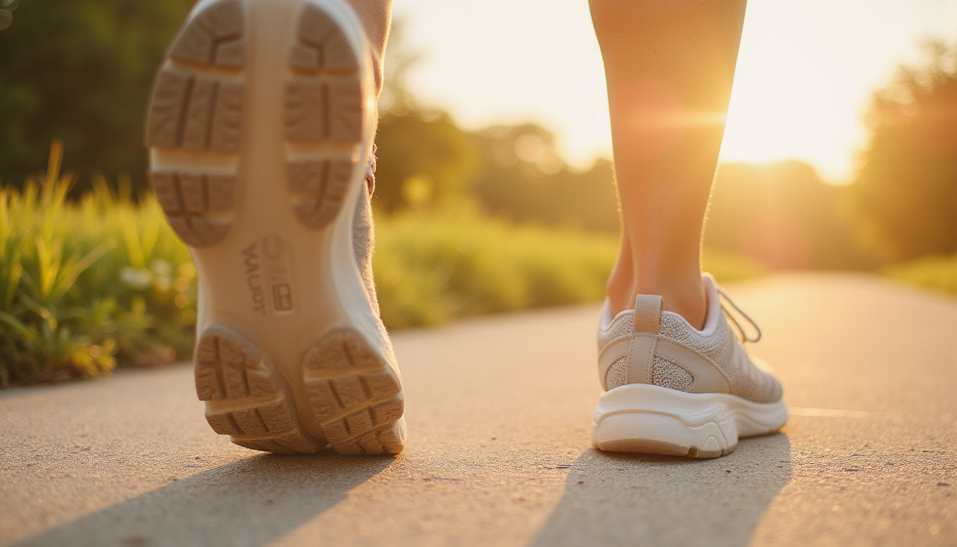  Close-up mature woman smiling while doing slow side steps, supportive shoes, warm morning light, calm