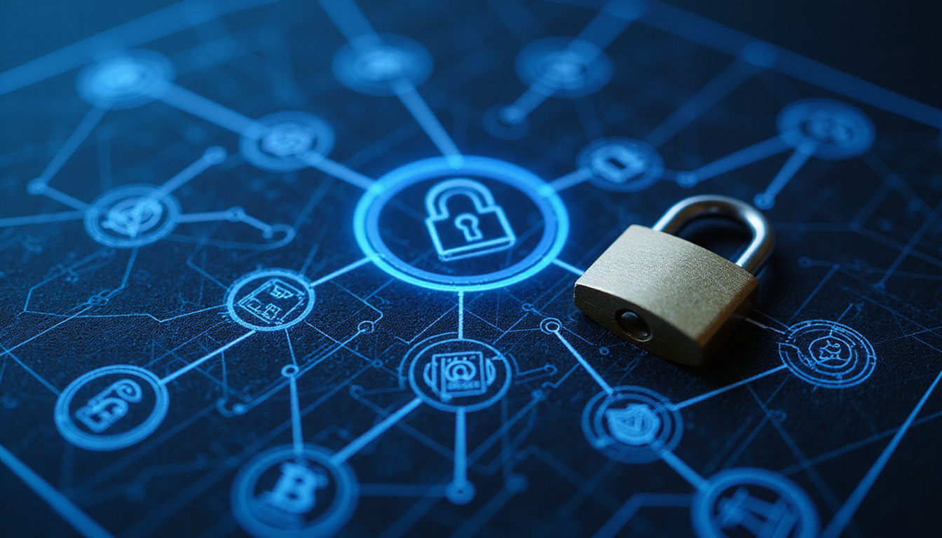  Blueprint-style flowchart of secure wipe steps, encrypted icons, padlock, glowing circuit board background