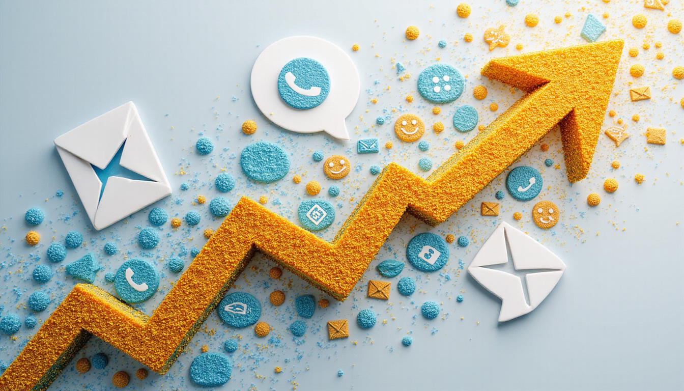 Vibrant mosaic of chat bubbles, phone icons, email envelopes transforming into golden upward arrow, smiling customers