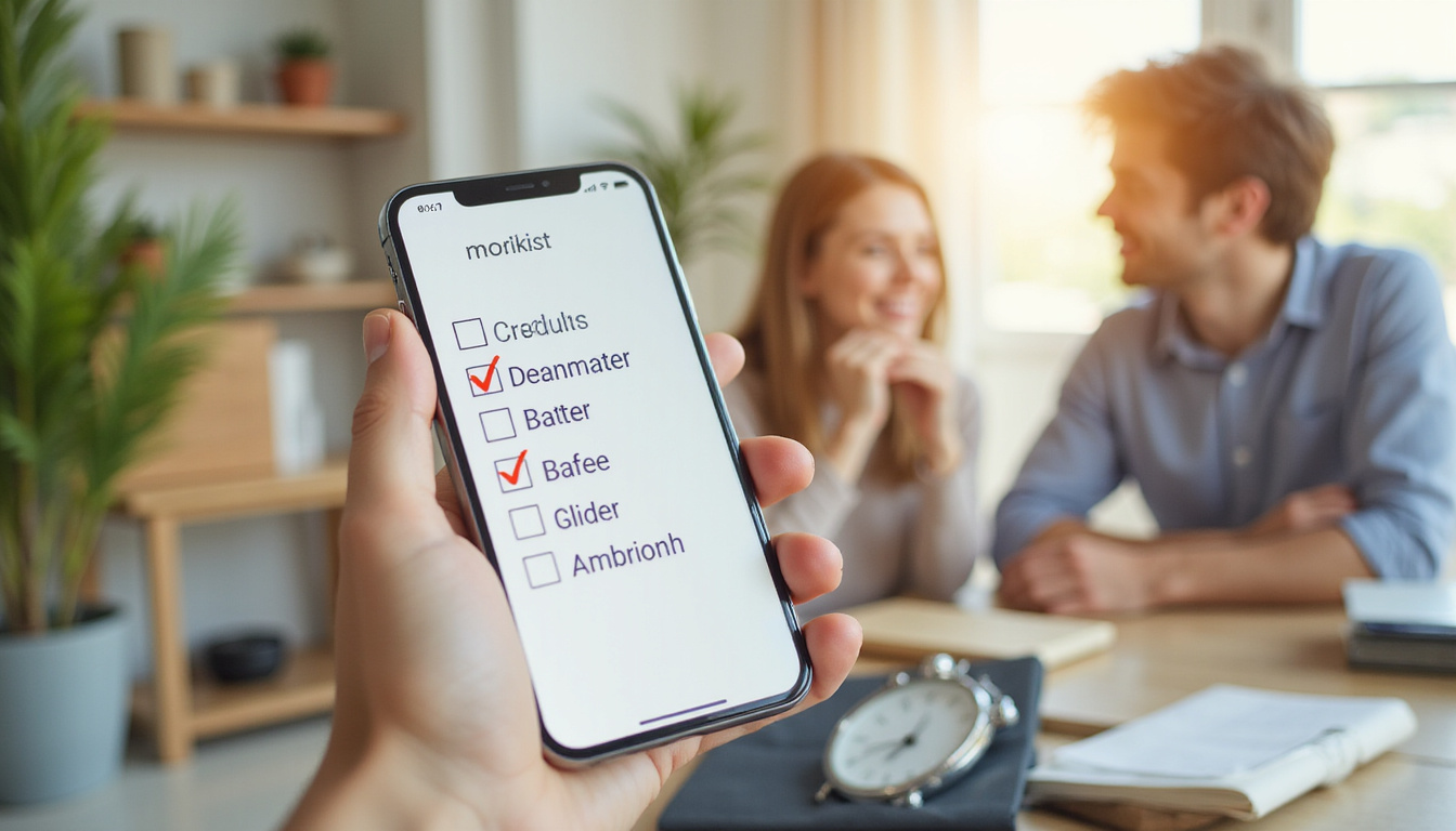  Photorealistic minimalist checklist on smartphone, labeled moving boxes, stopwatch, relieved smiling couple, soft morning light