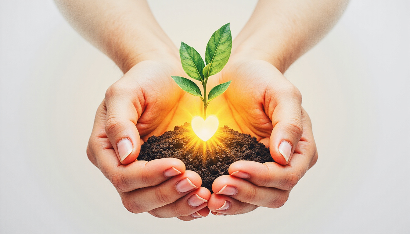 Hands cradling a glowing seedling heart, stress dissolving into blooming resilience, pastel watercolor