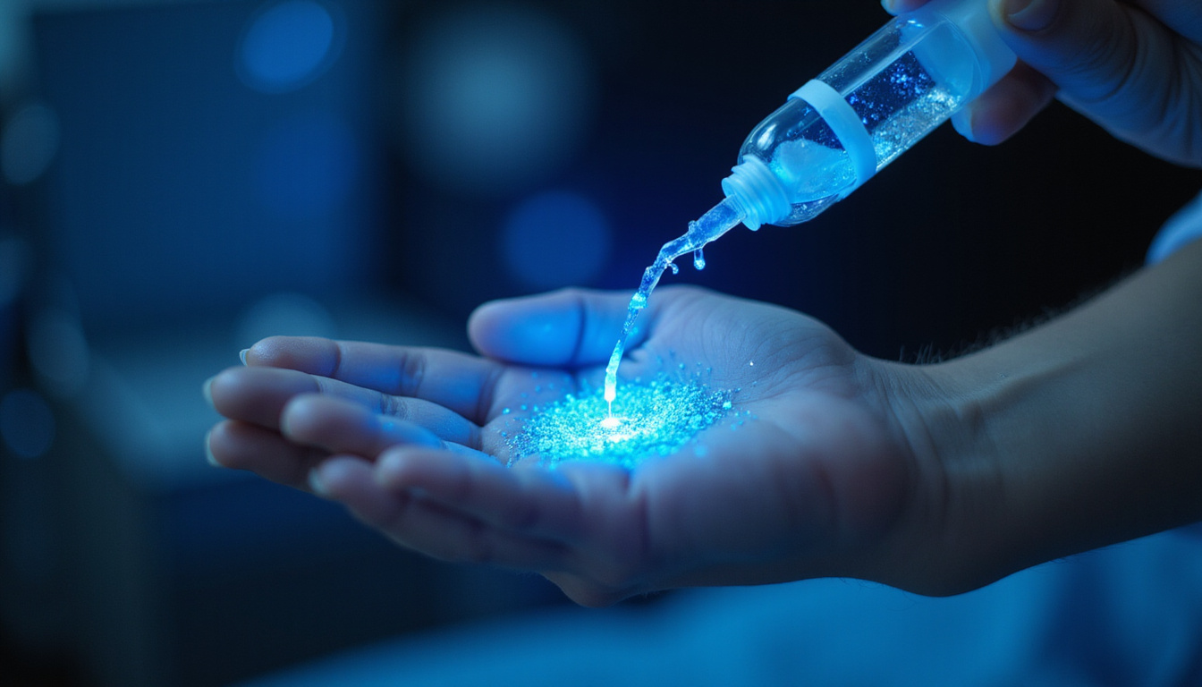  Close-up human hand receiving glowing regenerative stem cell infusion, soft blue bioluminescent particles