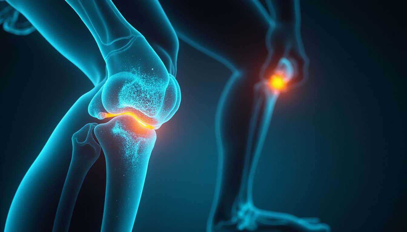  Futuristic medical visualization: inflamed knee joint healing into smooth cartilage, glowing blue-green, informative infographic