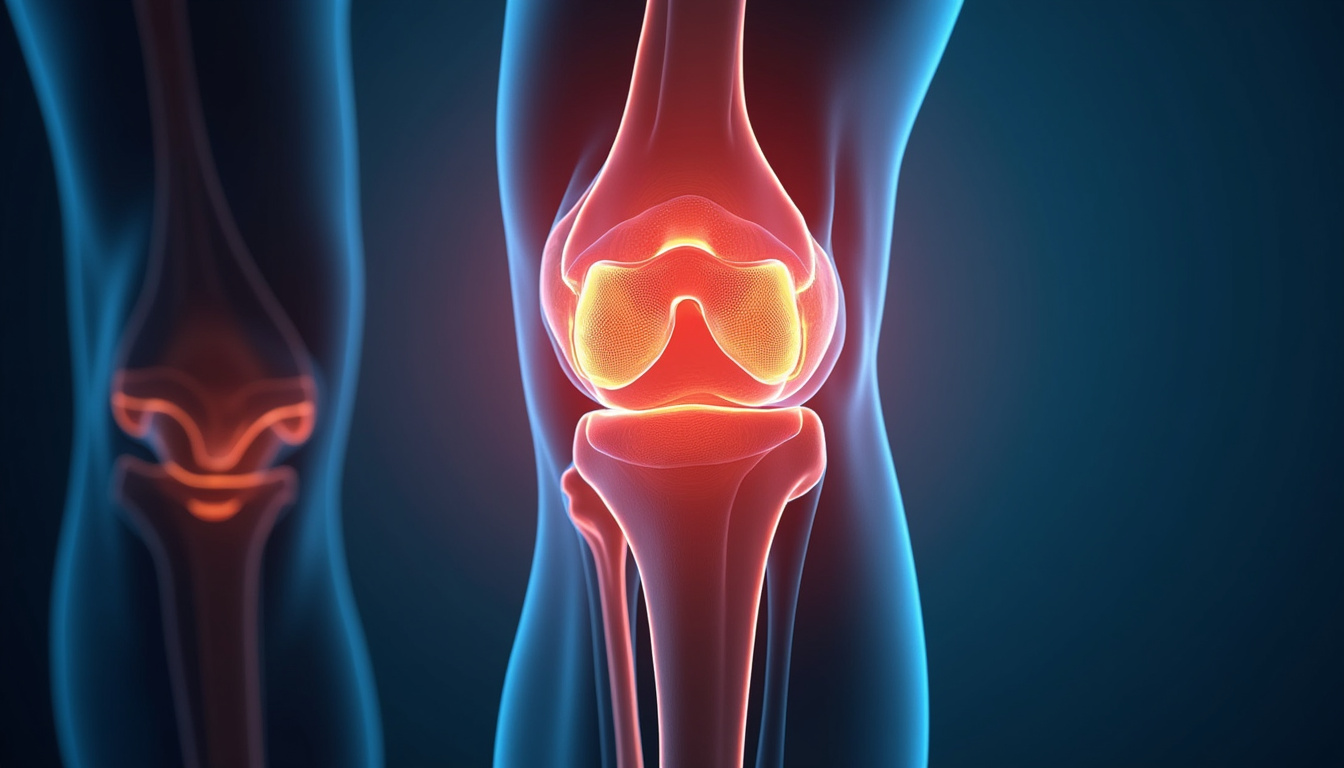  Anatomical overlay showing knee muscles and tape patterns, pain points highlighted, bright clinical lighting