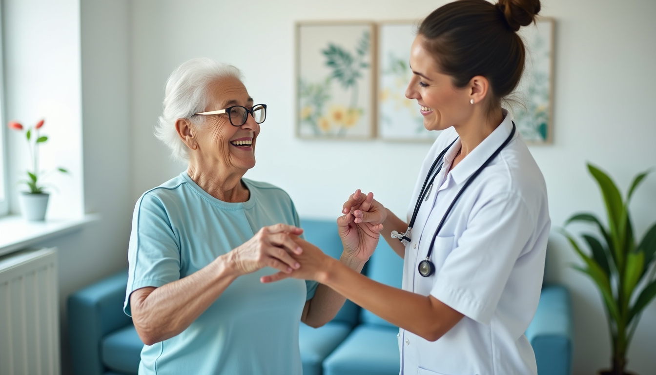  Physical therapist guiding elderly woman through exercises, bright rehab gym, motion blur suggesting faster recovery