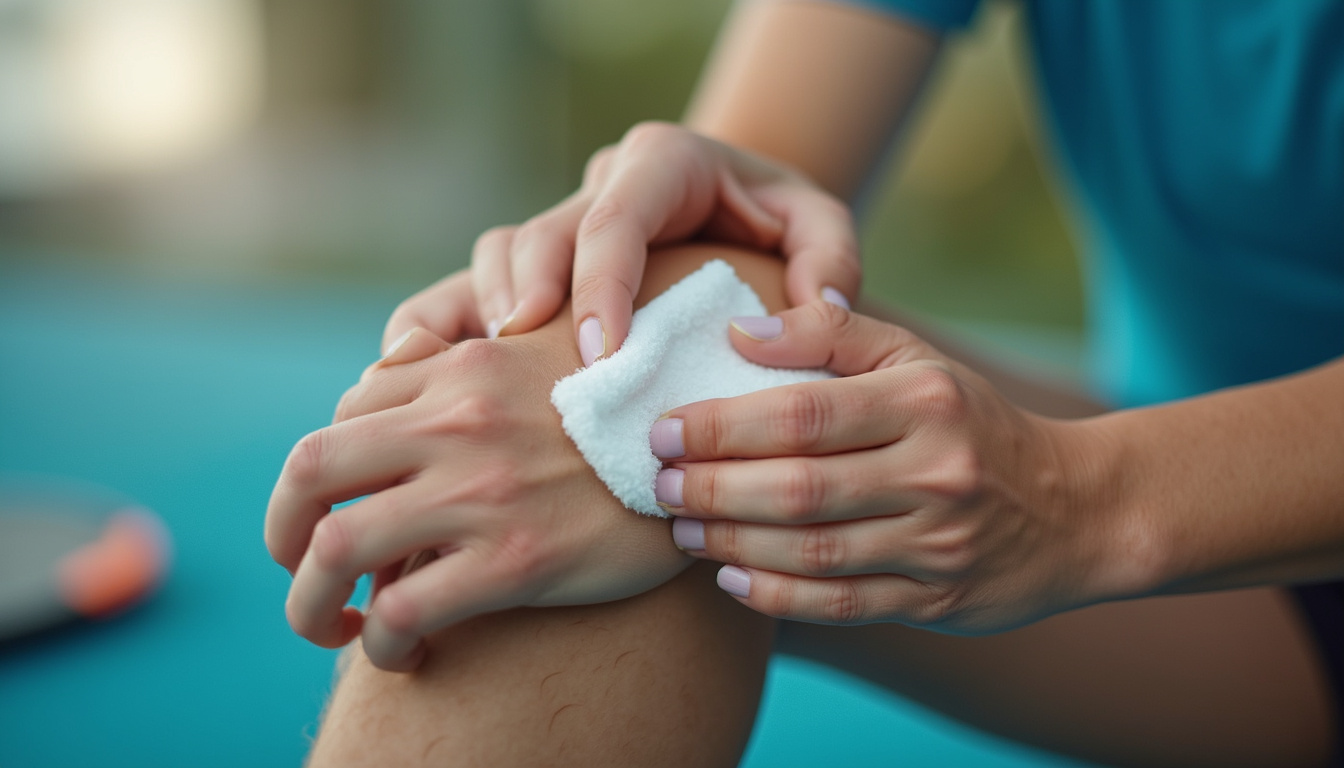  Close-up of hands applying ice pack to elbow, pickleball paddle nearby, soft clinical lighting