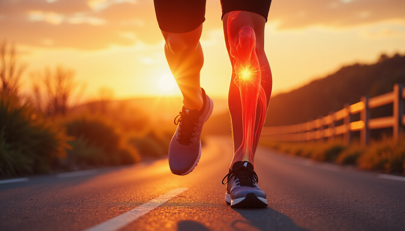  Close-up dynamic illustration of knee anatomy overlay on runner, strengthening exercises, warm sunset lighting