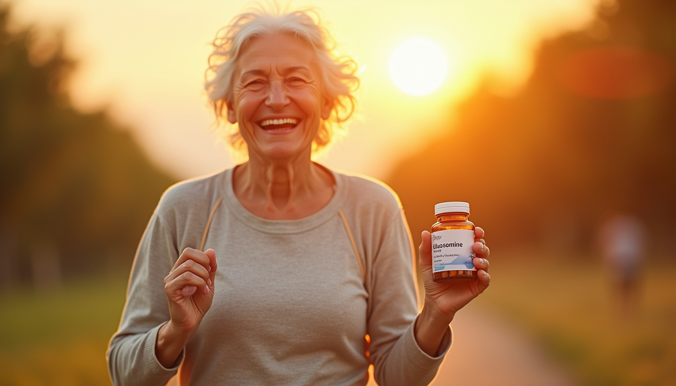 Elderly woman jogging happily, small pill bottle labelled glucosamine in hand, sunrise, healing vibe