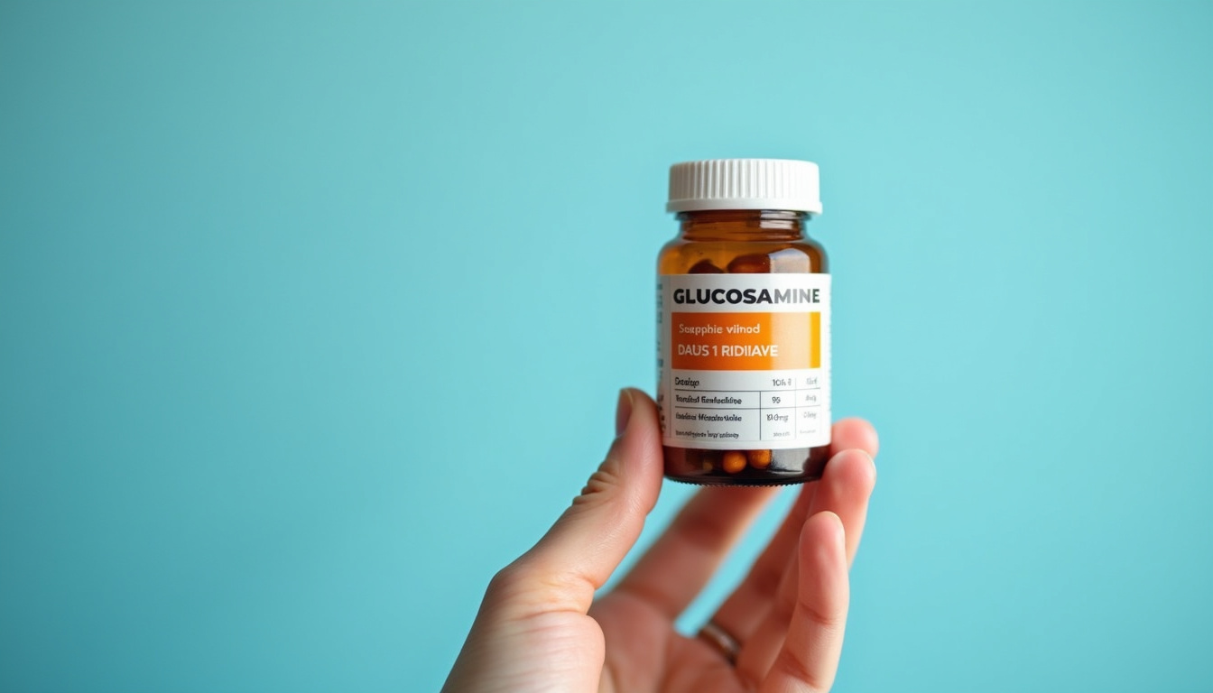  Close-up hand holding pill bottle labeled glucosamine, dosage chart overlay, soothing blue background