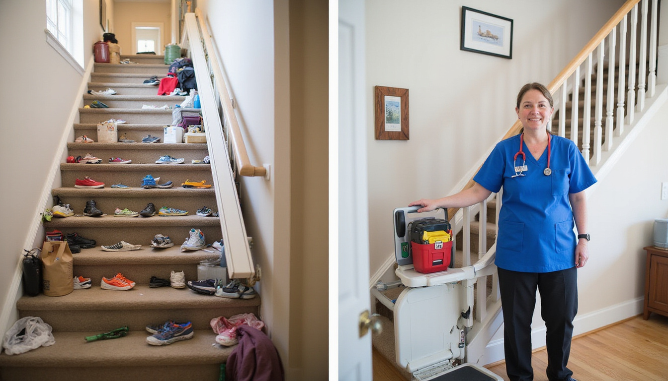  Before-and-after split image: cluttered steps vs streamlined accessible stairlift, toolbox and happy caregiver