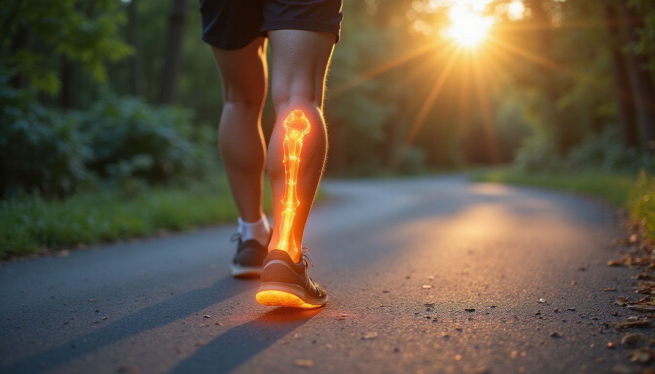  Active middle-aged person jogging pain-free, glowing joints overlay, botanical sulfur molecules floating