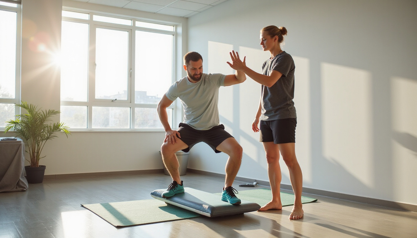  Physical therapist guiding single leg squat on balance pad, sunlit clinic, clear step by step demonstration