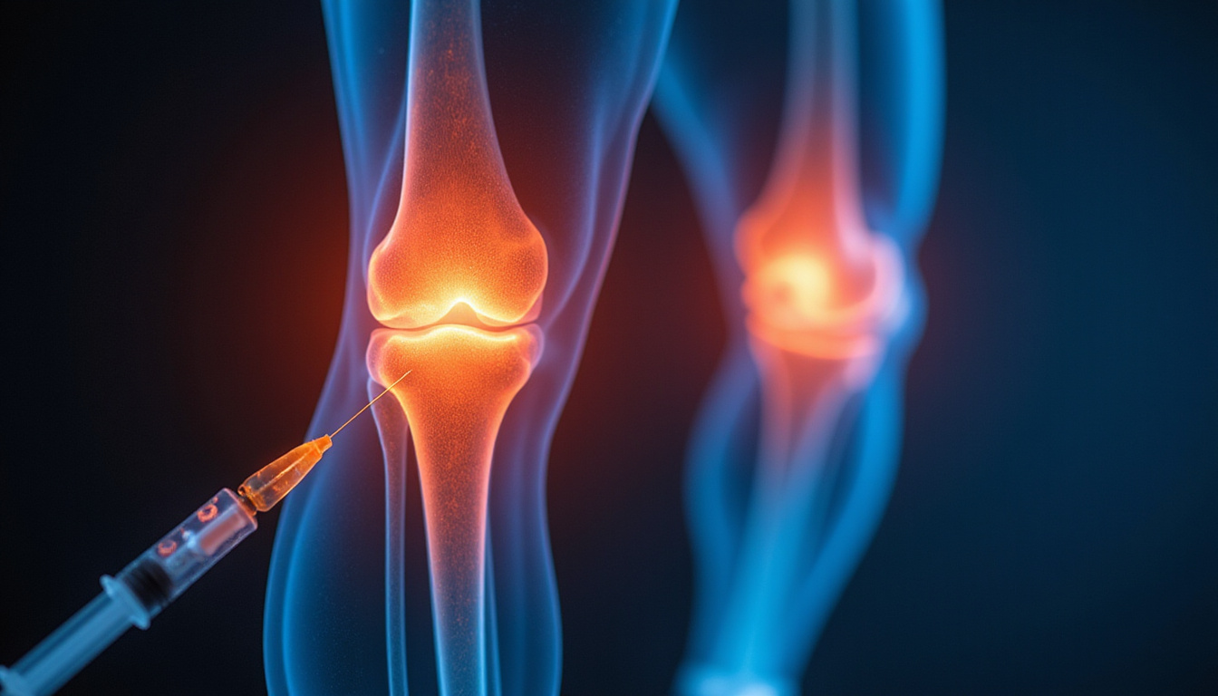  Close-up arthritic knee X-ray merging with regenerative injection, soft clinical lighting, hopeful tone