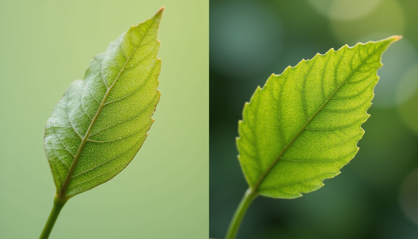  Split-screen before-after joint mobility, wilted leaf vs vibrant green leaf, dynamic motion blur