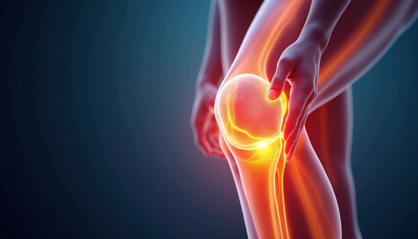  Macro anatomical knee cross-section showing PRP injection, brace, ice pack, glowing healing energy