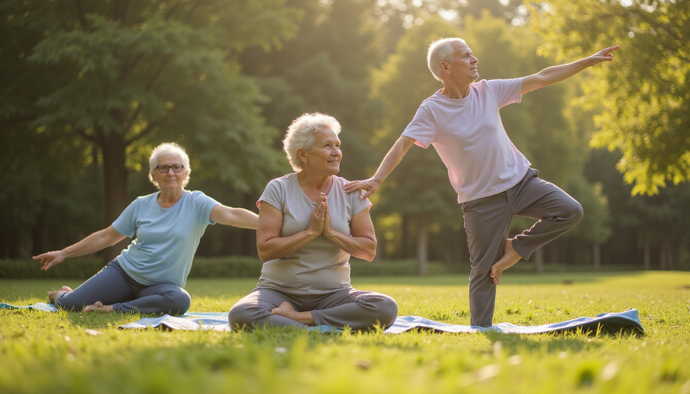  Elderly and young doing gentle joint-friendly yoga flow in sunlit park, graceful alignment