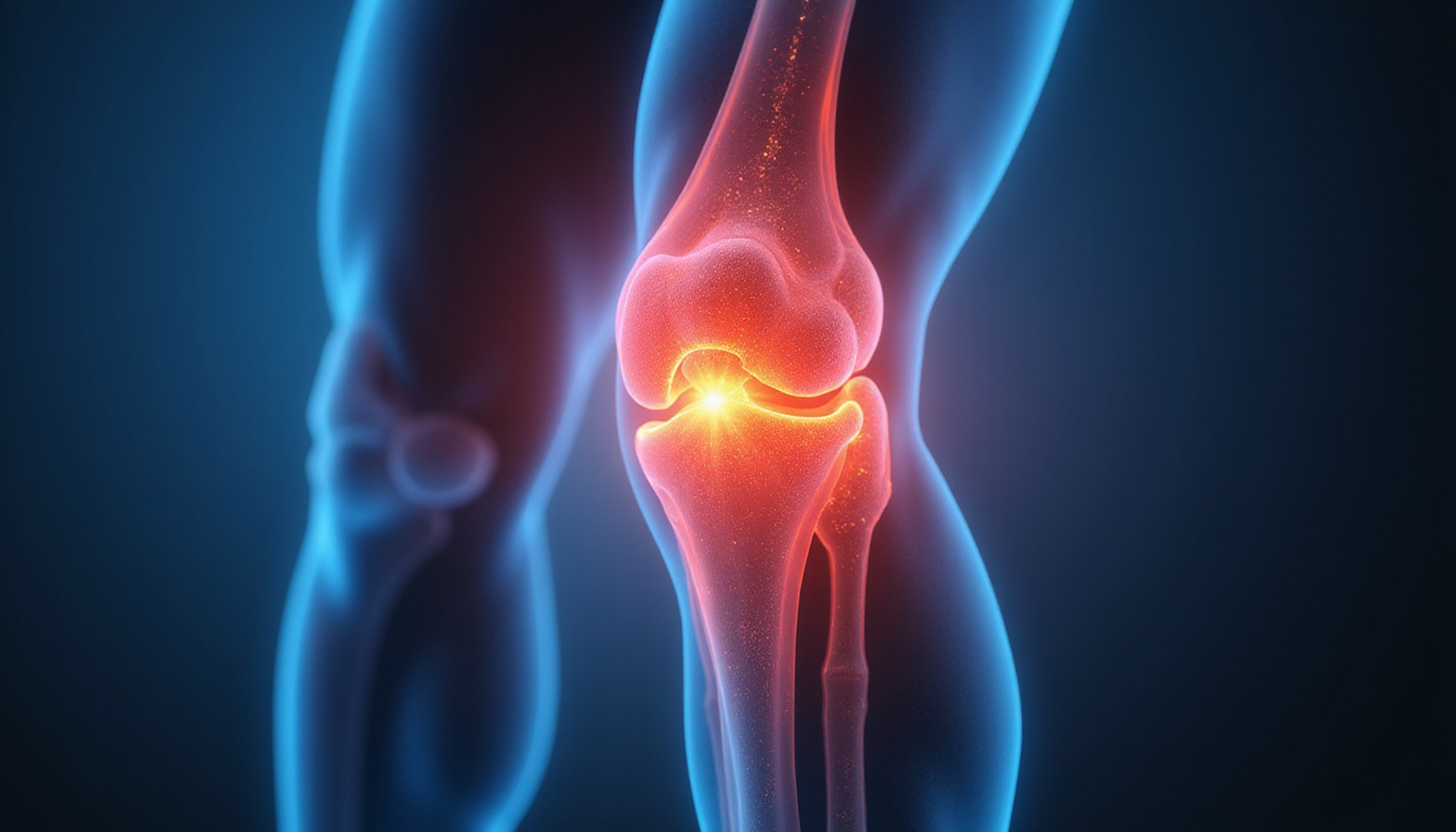  Anatomical semi-transparent knee with glowing cartilage, arrows showing strengthening and accelerated healing, clean clinical background