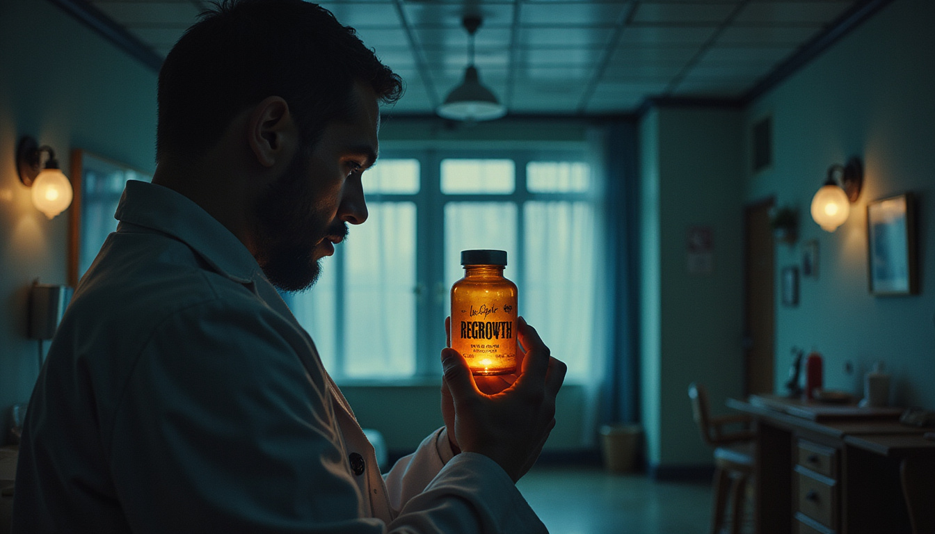  mysterious doctor silhouette revealing glowing vial labeled regrowth, vintage clinic, dramatic shadows