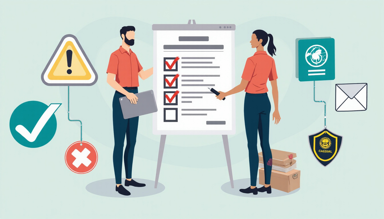  Illustration of safety checklist, warning signs, server training certificate, police badge, calm host