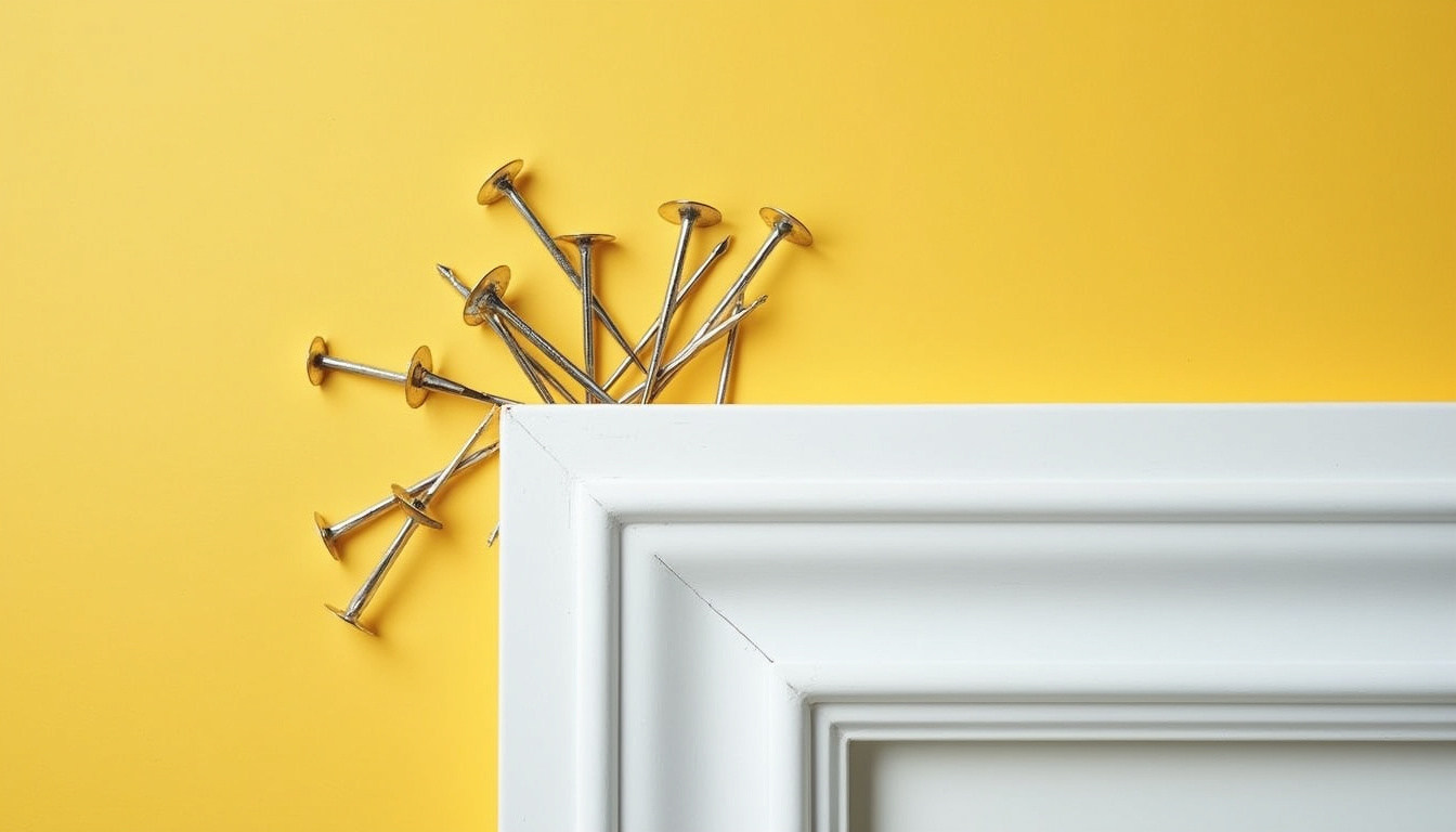  detailed scene of common trim mistakes: gapped corners, overdriven nails, uneven caulk, frustrated homeowner