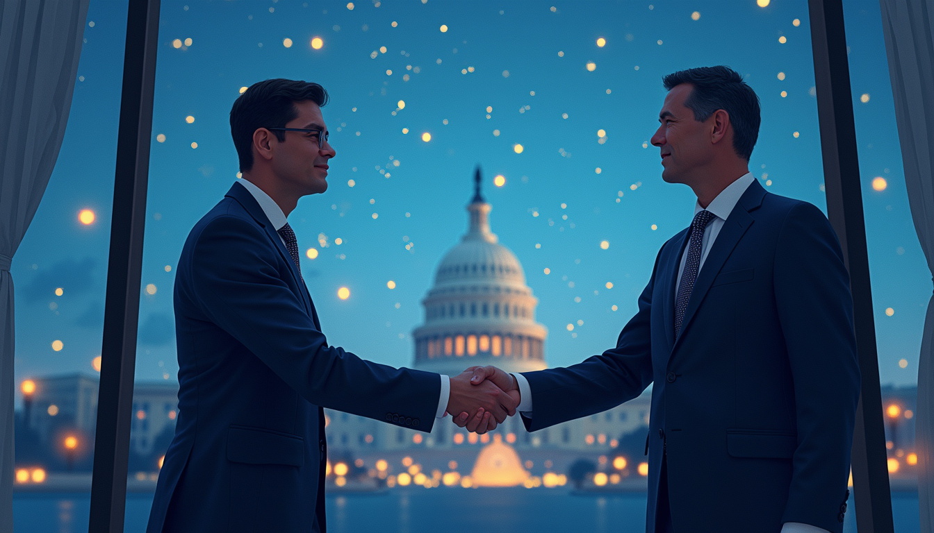  Consultant holding winning contract, handshake with federal officer, celebratory skyline, blue and gold lighting