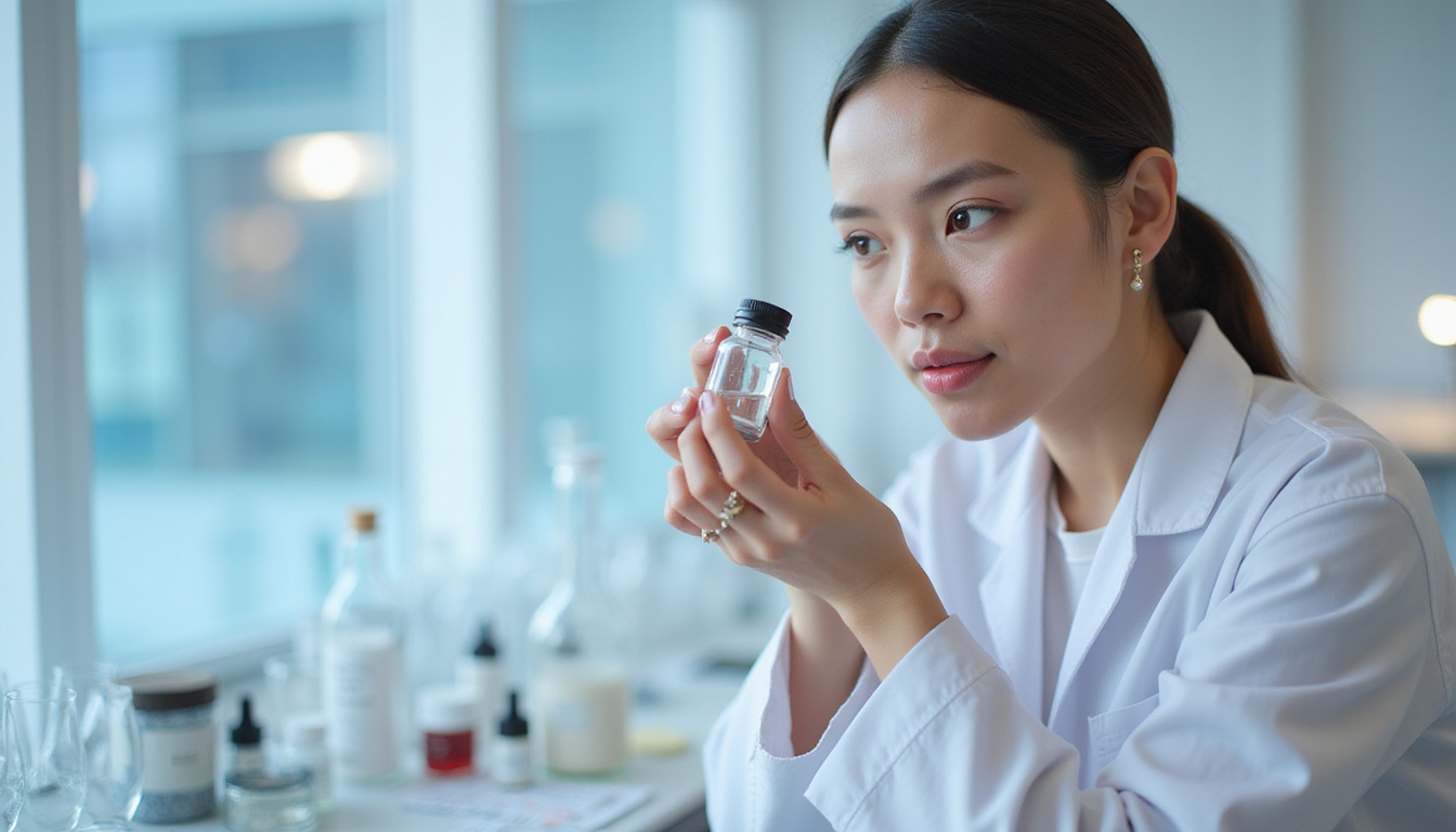  Cosmetic lab scene: scientist measuring peptides and hyaluronic acid, glass beakers, sterile minimalist aesthetic