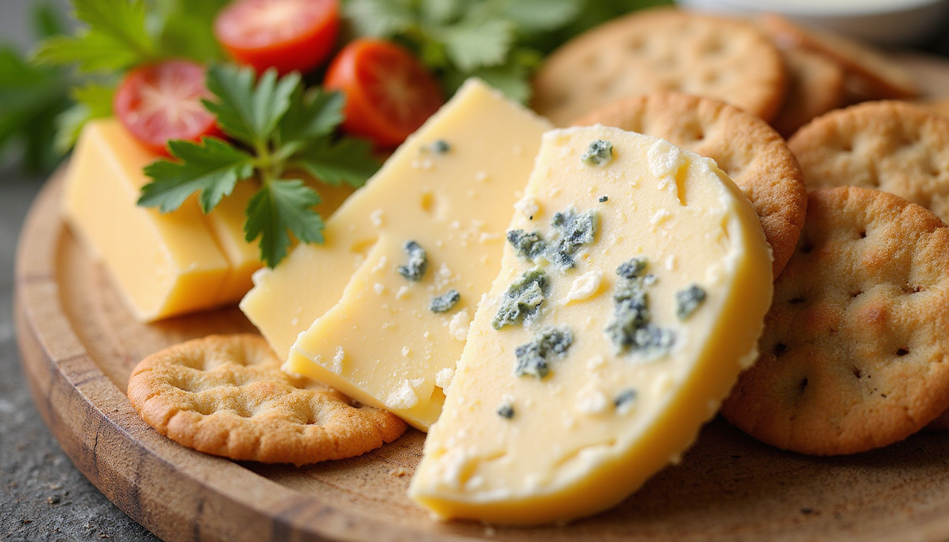 Close up sliced aged cheddar, creamy brie, blue cheese, almond crackers, vibrant garnishes