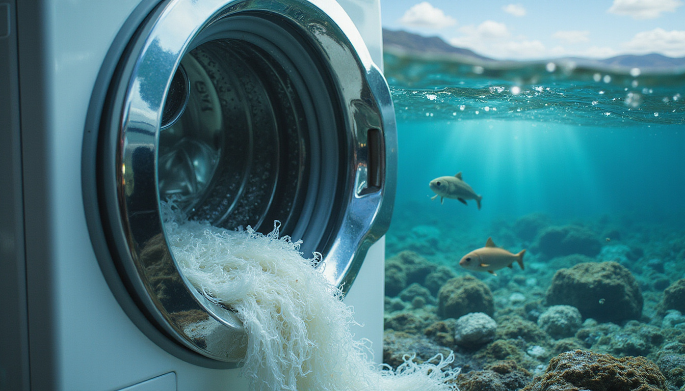  Close-up of washing machine releasing microplastic fibers into ocean, fish entangled, stark contrast