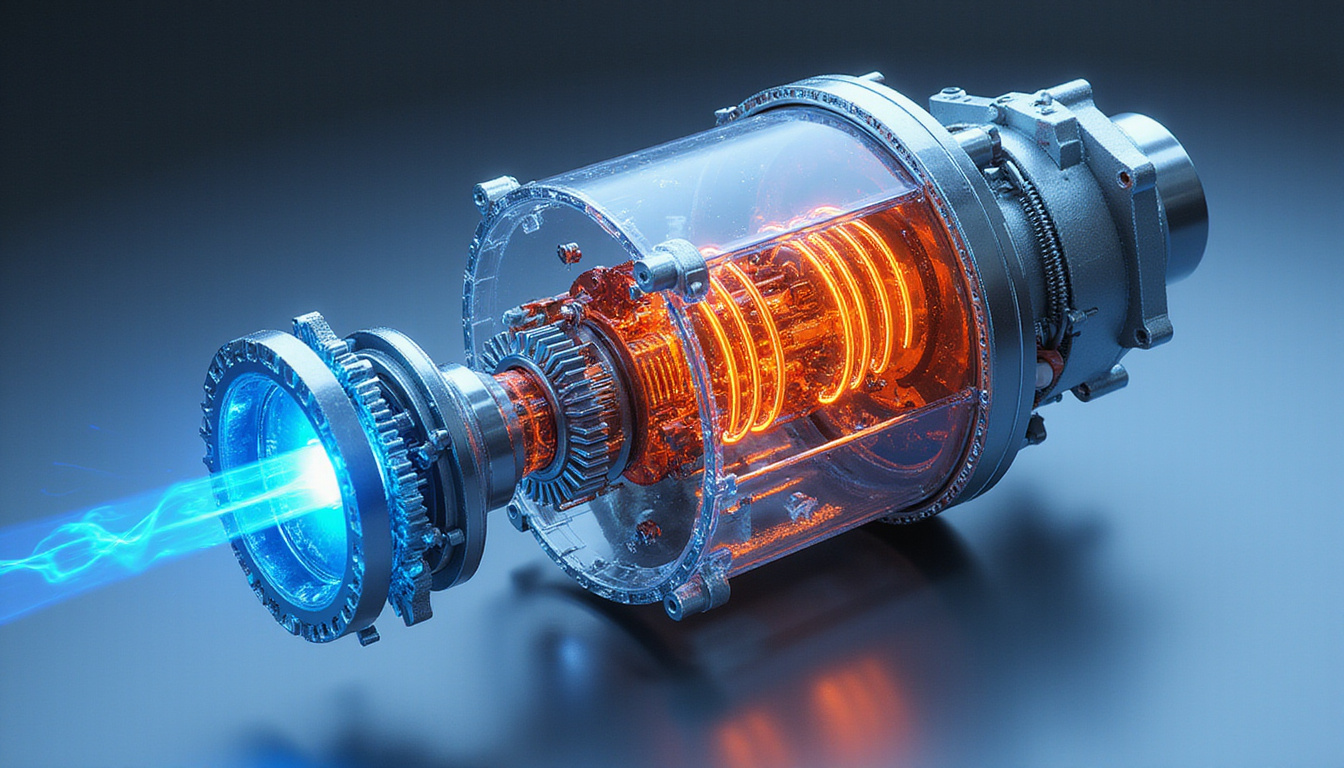 Exploded view gearbox with heat pipes, liquid-cooling jacket, vibration isolators, blue energy trails