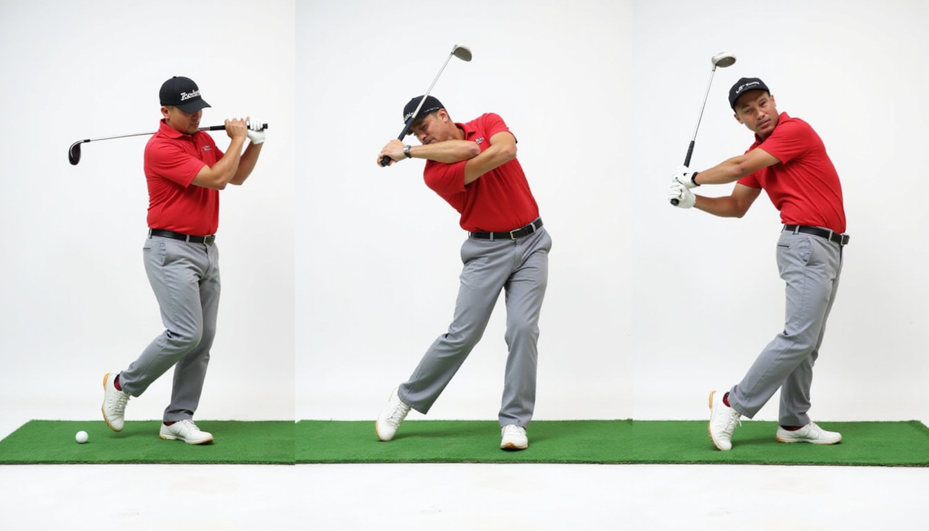  Sequence of golf swing frames highlighting spinal alignment and relaxed neck, motion blur, coaching overlay