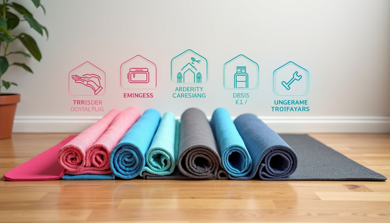  Row of colorful top-rated anti-fatigue mats on hardwood floor, infographic icons, supportive foam layers visible