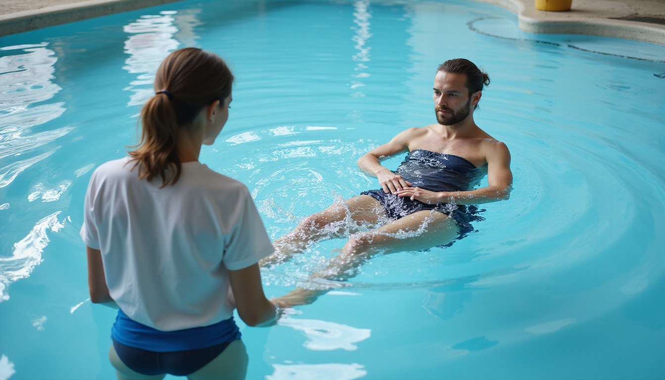  Peaceful pool rehabilitation session, patient performing aquatic hip stretches, gentle ripples, focused therapist