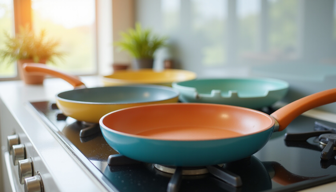  Row of pastel nonstick pans with angled easy-grip handles on accessible stove, bright morning