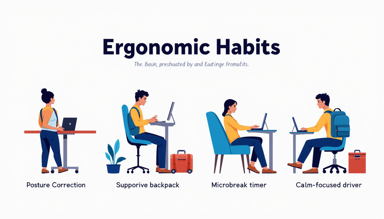 Ergonomic habits illustrated: posture correction, supportive backpack, microbreak timer, calm focused driver