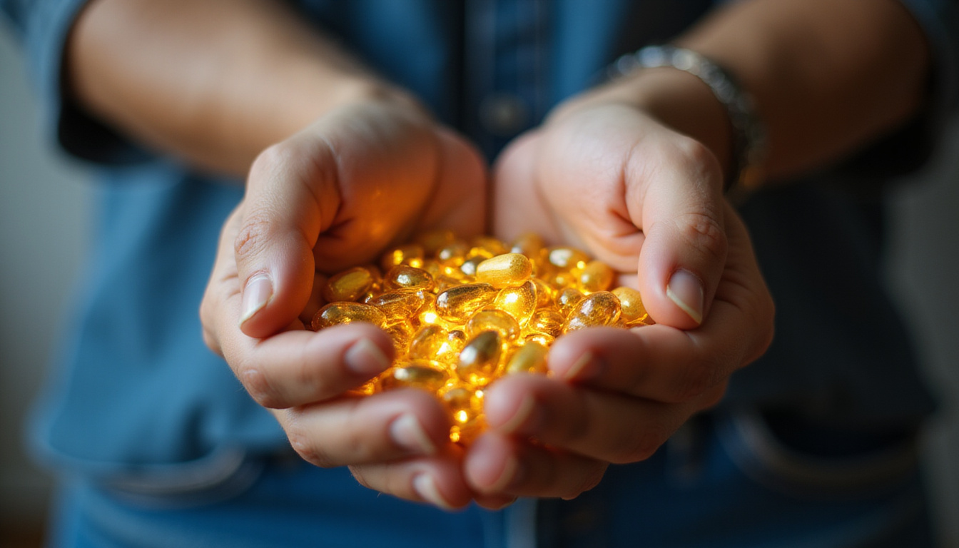  Close-up senior hands holding golden capsules, transparent knee joint overlay glowing with relief