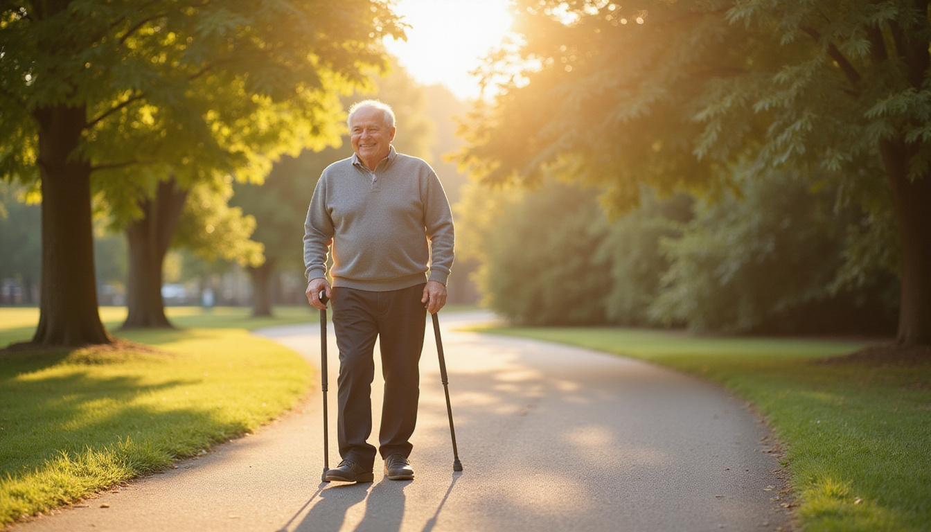  Elderly person walking confidently on sunlit park path, smiling, pain-free, cane left behind