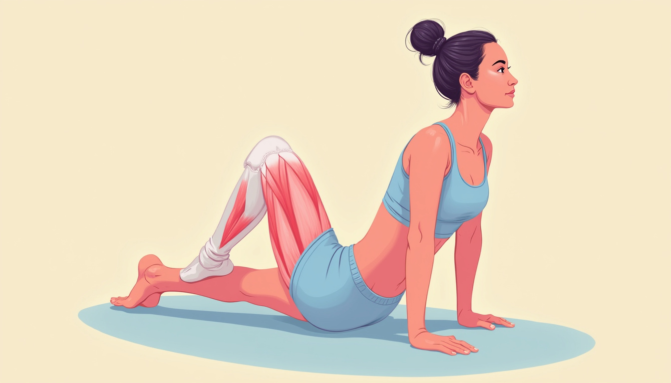  Close-up of gentle hip-stretch sequence, illustrated muscle anatomy overlay, calming pastel tones