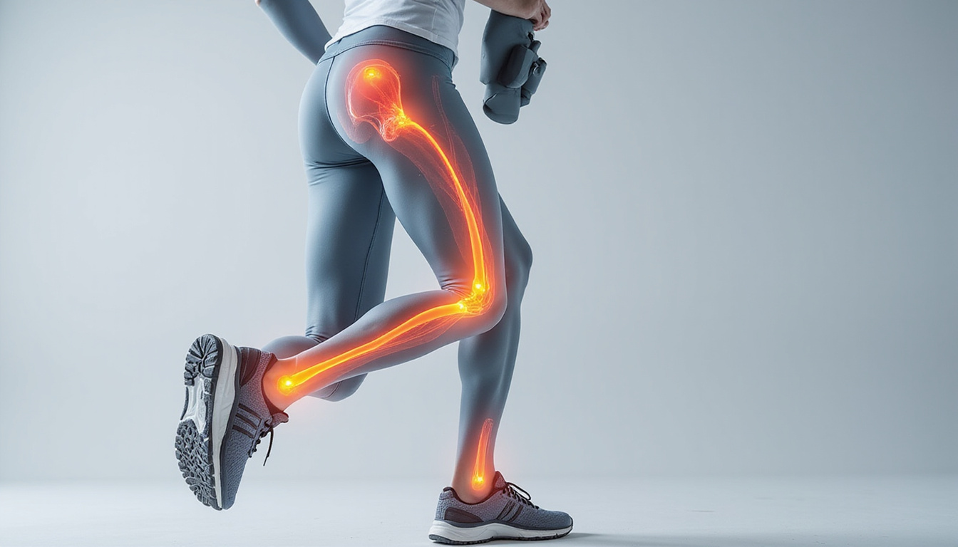  Runner performing lateral band walk, anatomical overlay highlighting gluteus medius, powerful stride