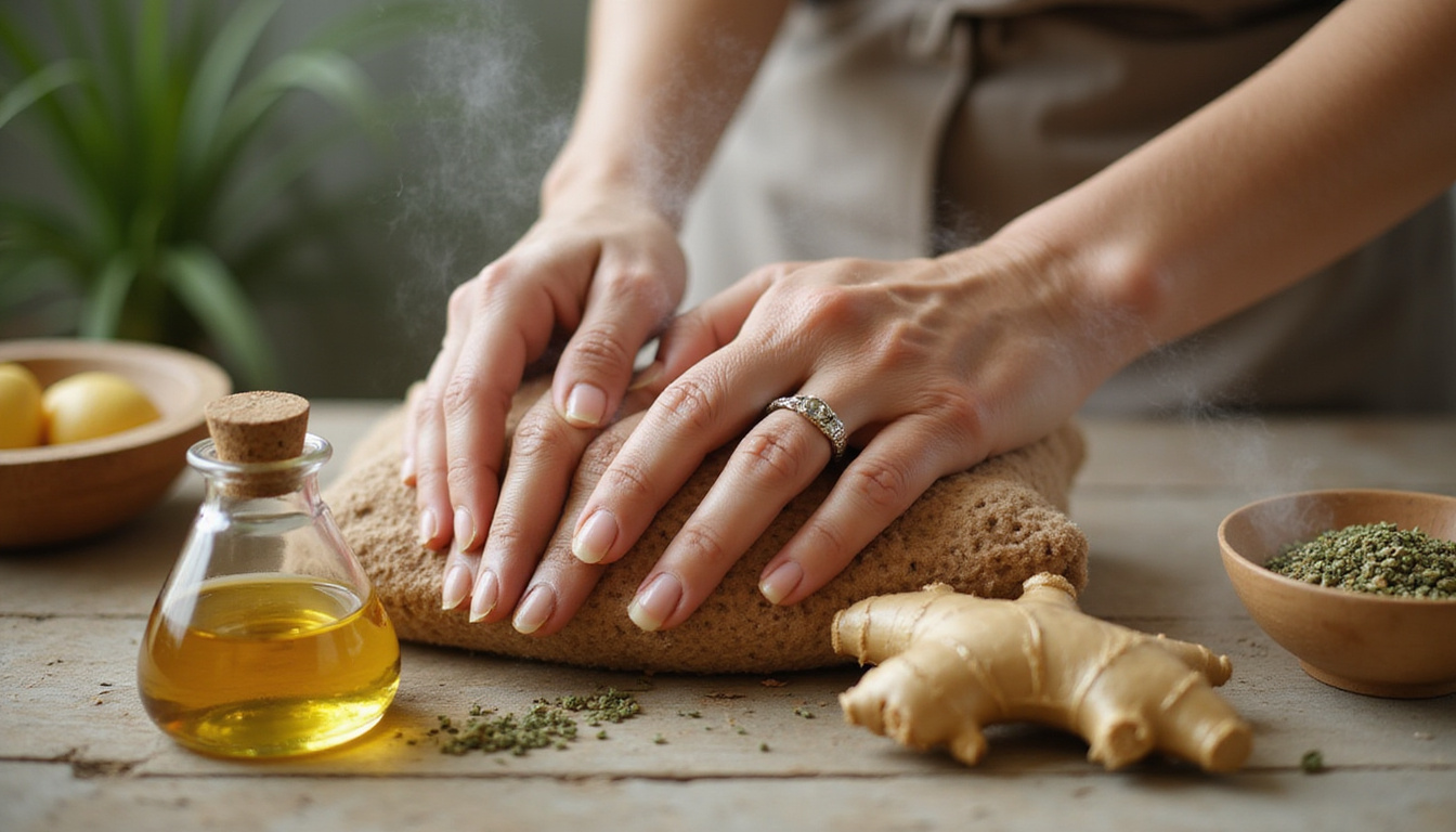  Elderly hands massaged with herbal oil and ginger, soothing steam, photorealistic healing scene