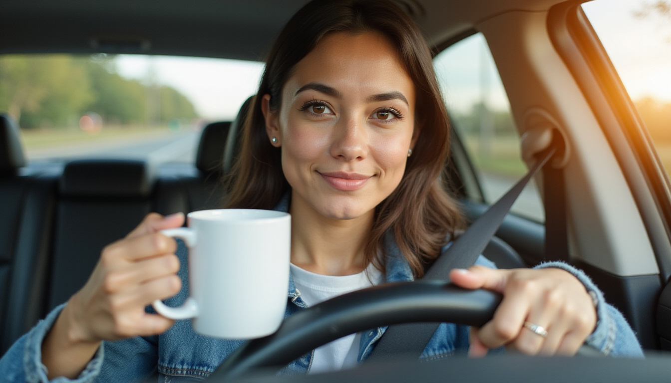  Confident driver demonstrating correct posture, hands at ten and two, coffee mug, alert eyes
