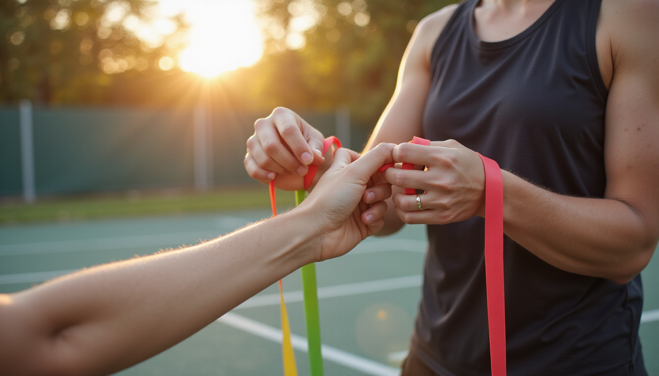  Sports therapist performing wrist mobilization, resistance band exercises, basketball court background, warm golden light