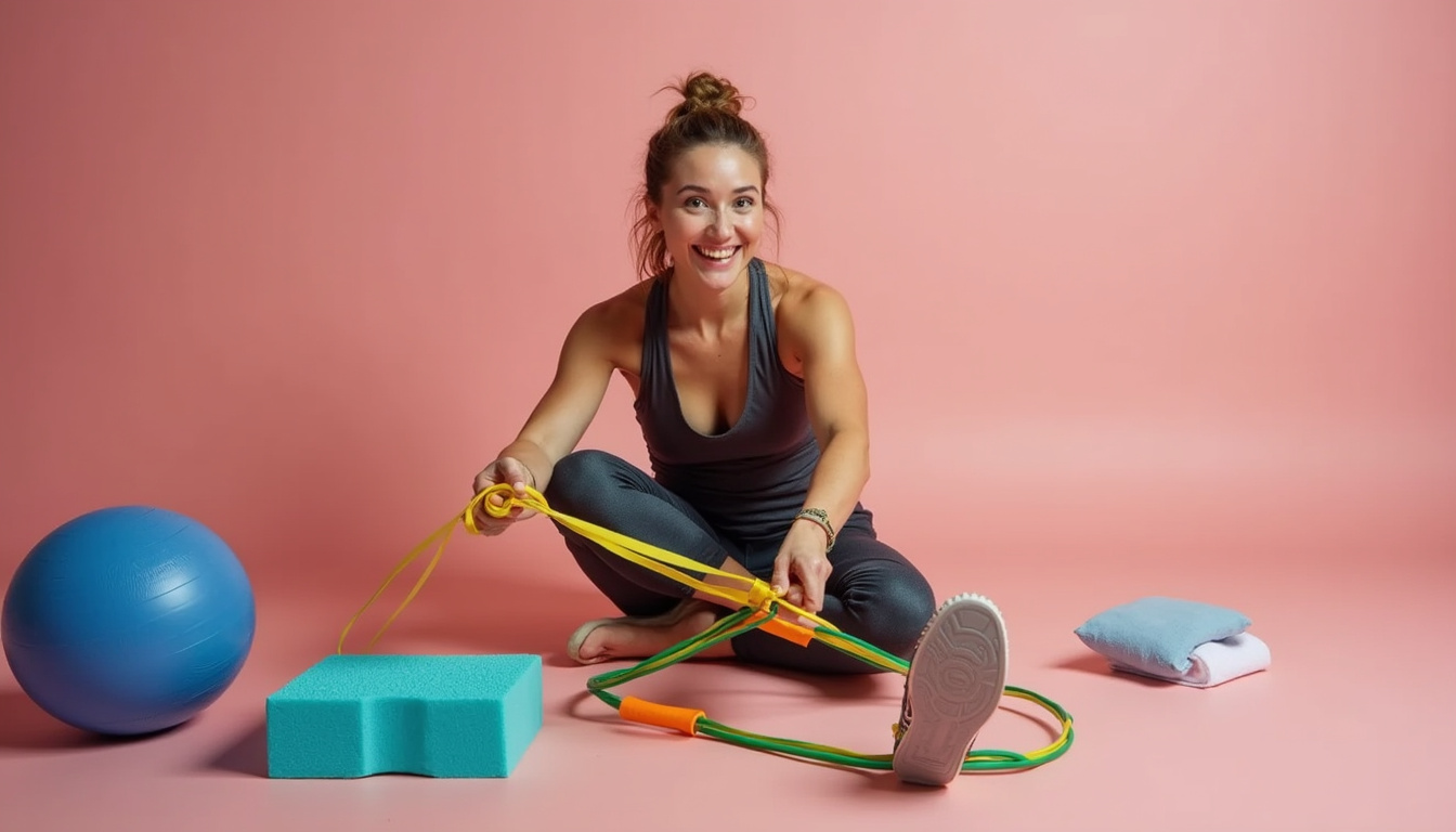  Instructor demonstrating strength and recovery: resistance band exercises, foam rolling, ice pack, smiling